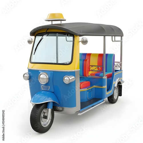 Colorful Blue and Yellow Tuk-tuk on White Background, Transport Vehicle