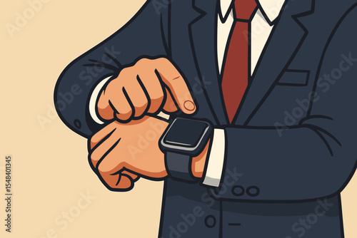 Businessman's hands adjusting a smart watch, symbolizing modern life and technology integration. Man in a suit using a wearable gadget for time management. Vector cartoon.