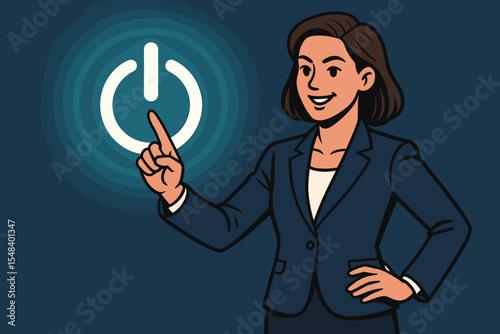 Businesswoman pressing a virtual power on button, a metaphor for empowerment, leadership, and starting a new project. Confident female leader activating a glowing digital interface.