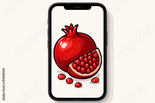 Vector illustration of a juicy pomegranate on a smartphone screen. Mobile food photography concept. Cartoon red fruit, slice, and seeds isolated on a white display background.