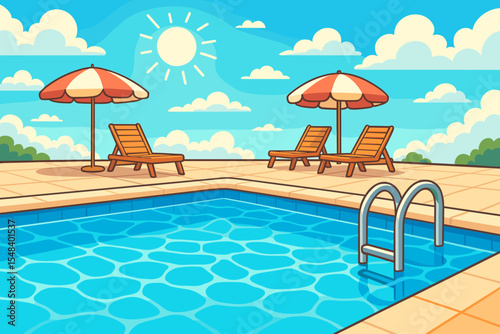 Swimming pool scene with clear blue water for summer relaxation. Vector cartoon background of a luxury resort with deck chairs and umbrellas under a sunny sky. Holiday vacation concept.