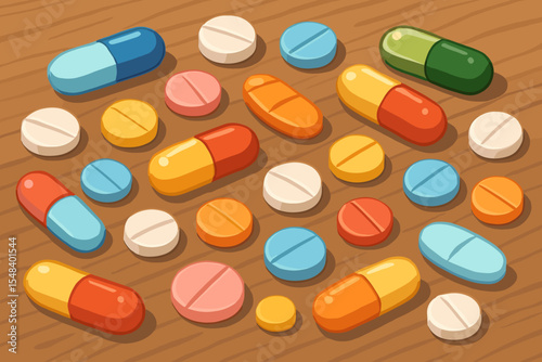 Medical background with a colorful assortment of pills, capsules, and tablets. Vector cartoon illustration of various medications, drugs, and vitamins. Healthcare and pharmacy concept.