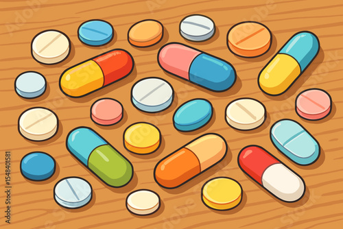 Assortment of colorful pills, tablets, and capsules. Vector illustration background for pharmacy, medicine, and healthcare. Concept of pharmaceutical treatment, medication, and drugs.