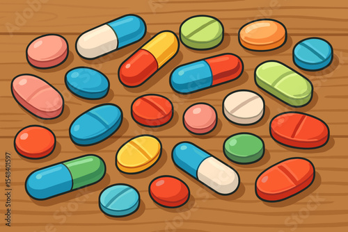 Medical background with various colorful pills, capsules, and tablets. Cartoon vector concept of pharmacy, prescription drugs, medicine abuse, addiction, and healthcare treatment.