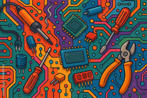 Electronic repair service concept with a vibrant circuit board. Cartoon illustration of tools like soldering iron, screwdriver, and microchips. Technology hardware maintenance background.