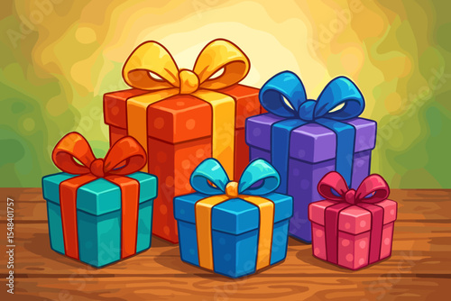 Colorful cartoon gift boxes with ribbons on a wooden table. Vector illustration for birthday, Christmas or holiday celebration. Festive presents background for party or special event.