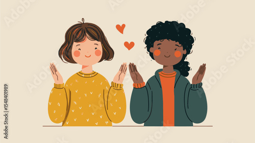 Two Diverse Women Waving With Hearts Vector For International Sign Language Day Presentation
