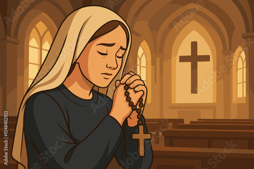 Devout Christian woman praying with rosary beads and a cross in her hands inside a church. Concept of faith, religion, hope, and spirituality. Catholic worship vector cartoon illustration.