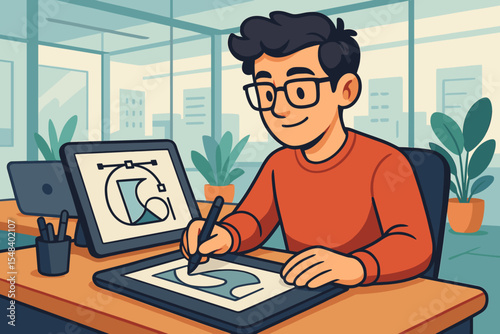 Graphic designer drawing a logo on a digital tablet with a stylus. Male artist creating vector illustration in a modern office. Creative professional at work concept.