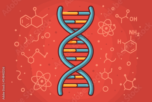 DNA double helix molecule structure vector illustration. Biochemistry and genetics science concept showing scientific research with chemical formulas and atom symbols on a red background.