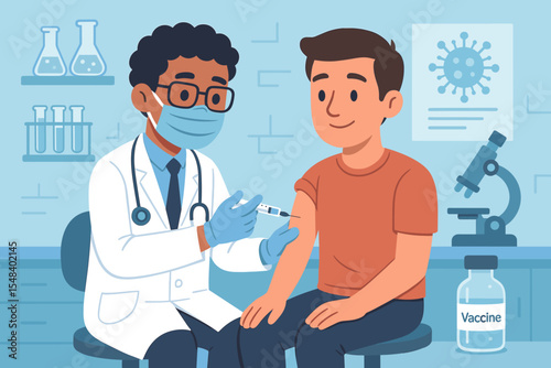 Doctor giving patient a vaccine injection with a syringe. Vaccination and immunization concept. Coronavirus or flu shot in a medical clinic or laboratory for healthcare research.
