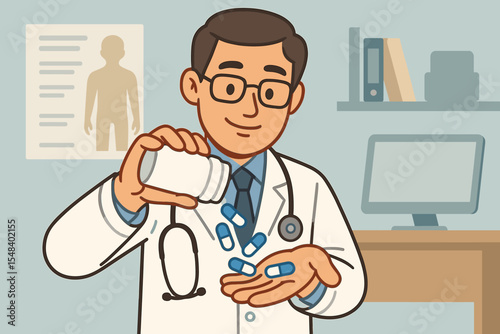 Medical doctor prescribing medication in his office. Physician pouring pills from a bottle, concept for healthcare, treatment, pharmacy, dosage, and vitamins. Cartoon vector illustration.
