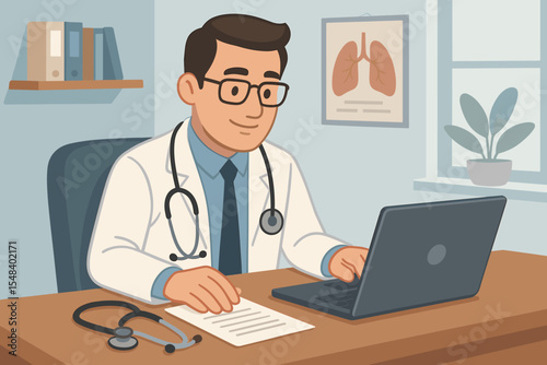 Doctor at desk working on laptop in medical clinic office. Physician with stethoscope using computer for patient diagnosis or writing prescription. Healthcare and technology concept.