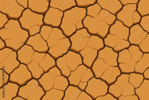 Dry cracked earth texture background, a vector cartoon illustration symbolizing drought. Concept for global warming, climate change, and environmental crisis. Arid desert soil pattern.