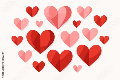 Red and pink paper hearts collection in 3D paper cut style. Valentine's Day background with cute love symbols. Romantic vector design element for greeting card, invitation or decoration.