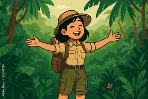 Happy female explorer with backpack embraces nature in a tropical jungle. Woman on an adventure trek, hiking in the rainforest. Cartoon vector illustration for travel and vacation.