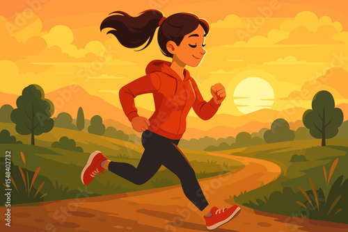 Active young woman running on a park trail at sunrise. Healthy lifestyle and fitness concept. Female jogger doing cardio exercise outdoors in nature. Sport workout vector cartoon.