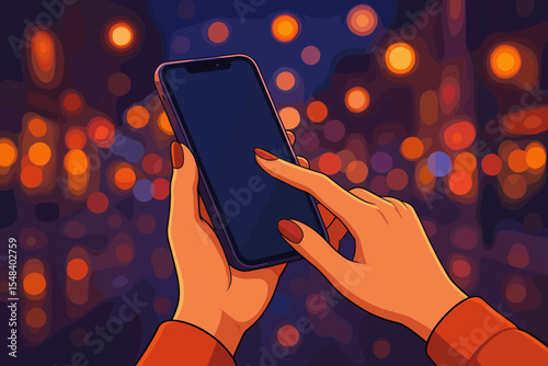 Woman's hands holding a smartphone, finger touching the blank screen. Using a mobile phone at night on a city street with colorful bokeh lights. Vector cartoon illustration.