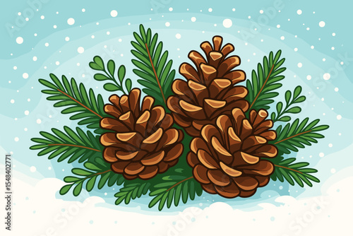 Festive Christmas illustration with pine cones, fir tree branches, and evergreen needles on a snowy winter background. Cartoon vector design for holiday greeting card or decoration.