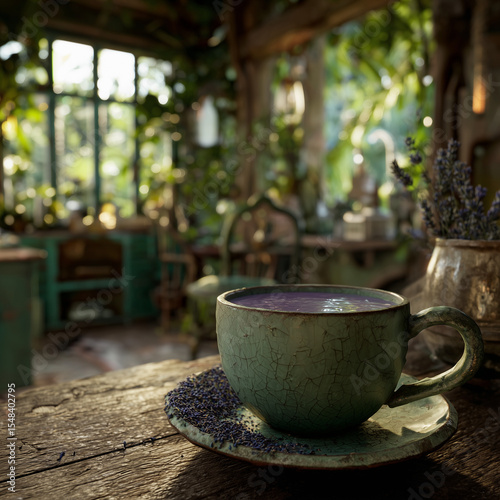 lavender herbal tea in ceramic mug
