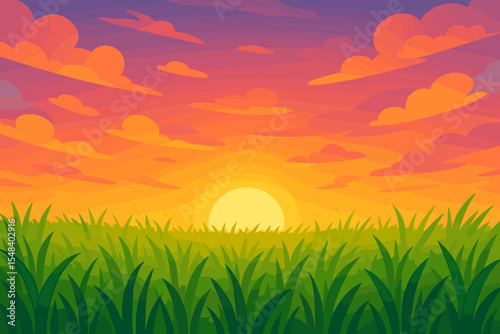 Vibrant sunset or sunrise over a green grass field. Vector cartoon landscape illustration of a beautiful summer meadow. Scenic background with a colorful orange and purple sky.