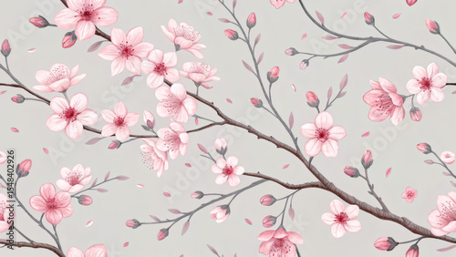 Watercolor Japanese Minimal Seamless Pattern with Sakura Blossoms
