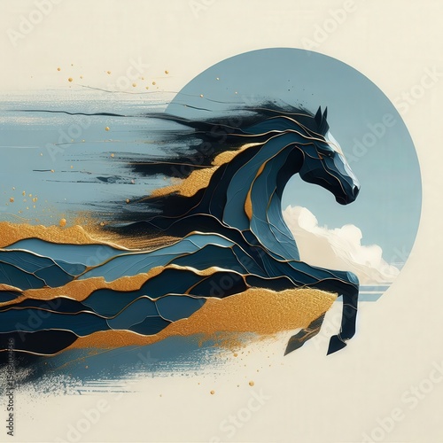 Contemporary art of a zodiac horse running above the clouds in deep blue and gold foil, dynamic motion posture, elegant Chinese zodiac symbolism, abstract equine design