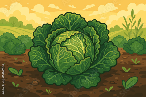 Vector cartoon illustration of a savoy cabbage growing in a garden. Concept for organic farming, sustainable agriculture, healthy eating, and fresh produce. Rural farm landscape.