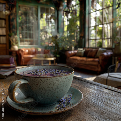 lavender tea in ceramic mug