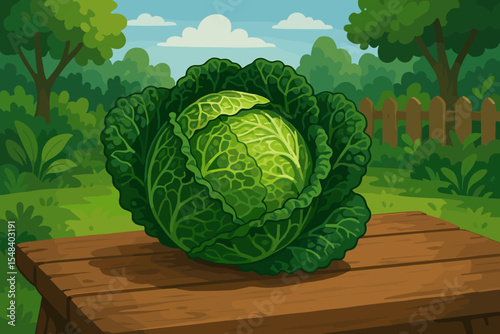 Vector cartoon of a fresh savoy cabbage on a rustic wood table. Organic vegetable harvest in a garden. Healthy food, vegetarian diet, agriculture, and farming concept illustration.
