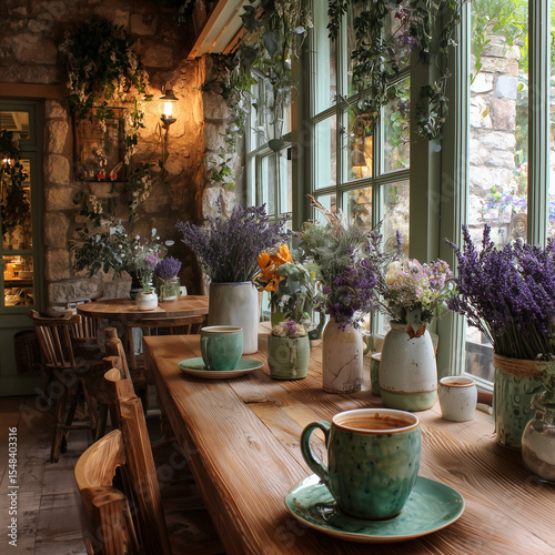 rustic cafe with lavender floral decor