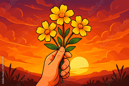 Hand holding vibrant yellow flowers against spectacular sunset sky, symbolizing peace, serenity, appreciation of nature, floral beauty, tranquil landscape, bright botanical vector illustration