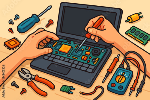 Cartoon Hands Repairing Laptop Motherboard with Tools, Screwdriver, Pliers, Circuit Components, Computer Hardware Maintenance, Electronic Device Repair, Vector Illustration, Technology Concept