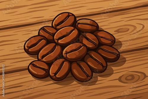 Realistic coffee beans pile on rustic wooden table. Vector cartoon illustration of roasted arabica beans, natural food ingredient, caffeine concept, cafe background, morning beverage, gourmet drink