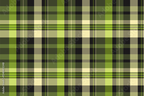 Classic plaid pattern in shades of green and black. Textile design with intersecting lines creates a traditional, versatile background. Useful for fashion, crafts, and decor.