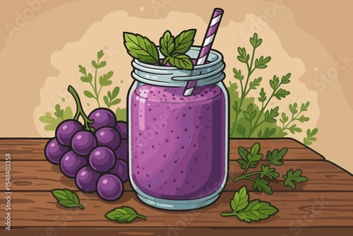 Fresh Grape Smoothie with Mint Leaves in Glass Jar, Rustic Wooden Table, Cartoon Vector, Healthy Fruit Drink, Purple Beverage, Vegetarian Refreshment, Organic Drink, No Text Design