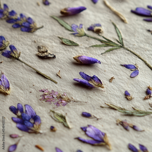 pressed and dried purple flowers on textured paper