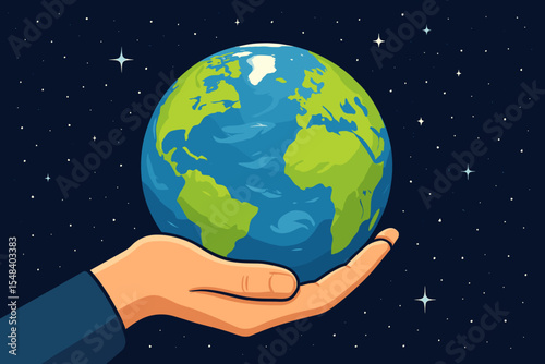Human hand holding Earth globe in space, global responsibility concept, planet protection, environmental care, sustainability, cosmic perspective, starry night, vector illustration