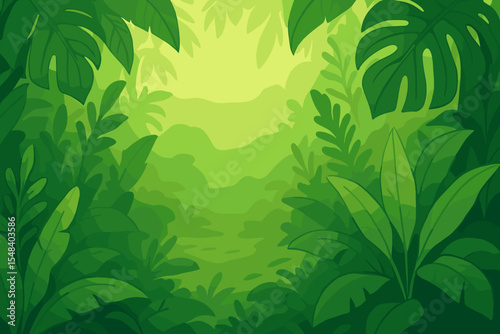 Lush tropical rainforest background with green leaves frame. Vector cartoon illustration of a dense jungle scene with exotic foliage, monstera and palm plants. Nature landscape with copy space.