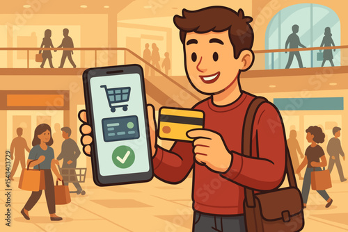 Man making mobile payment for online shopping in a busy mall. Happy customer uses credit card and smartphone app for purchase. E-commerce, digital wallet, and fintech concept vector.