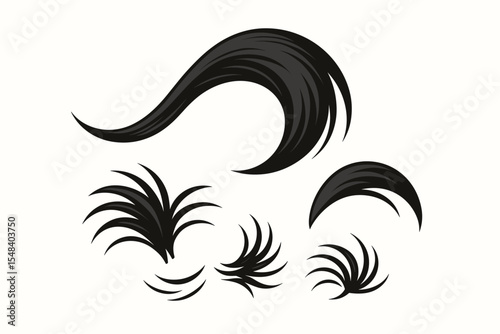 Black hair strands vector set. Woman hairstyle constructor kit with shiny locks and tufts. Cartoon elements for female character hair design. Isolated icons for hairdresser or beauty salon.