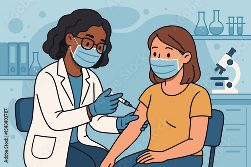 Vaccination concept with black female doctor giving vaccine shot to patient. Woman getting flu or Covid-19 jab. Medical immunization in a laboratory or clinic. Healthcare vector.