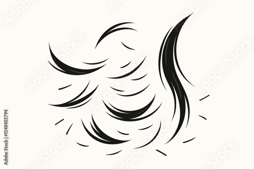 Cut black hair strands composition on white background. Minimalist vector illustration for hairdressing, barber shop, or beauty salon. Abstract graphic design element for hair care.