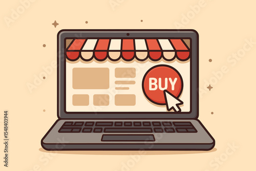 Online Shopping Storefront on Laptop Vector Illustration, E-commerce Buy Button, Digital Retail, Web Shop, Internet Marketplace, Purchase Icon, Cartoon Technology Business Concept