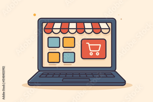Modern laptop with online shopping website interface, storefront awning, product grid, and shopping cart icon. E-commerce concept, digital retail, web marketplace vector illustration