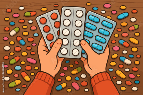 Hands Holding Blister Packs with Pills and Capsules on Wooden Table, Colorful Medication Variety, Healthcare Pharmacy Concept, Cartoon Vector Illustration for Medical and Pharmaceutical Design