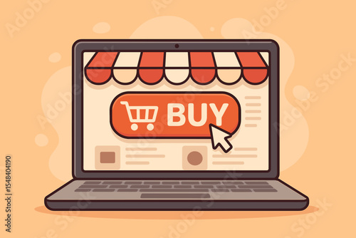 Online Shopping Laptop Vector Illustration with Storefront Awning, Shopping Cart Icon, Buy Button, Digital E-commerce Web Interface Concept, Internet Retail Purchase Symbol, Modern Flat Design