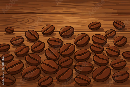 Roasted coffee beans cartoon vector seamless pattern on rustic wooden table background. Morning drink, cafe menu backdrop, fresh espresso or cappuccino concept. Warm cozy illustration for coffee shop