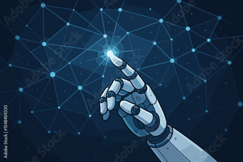 Futuristic robotic hand interacting with glowing network connections. Artificial intelligence, innovation, automation, digital transformation, neural network, data technology. Vector illustration.