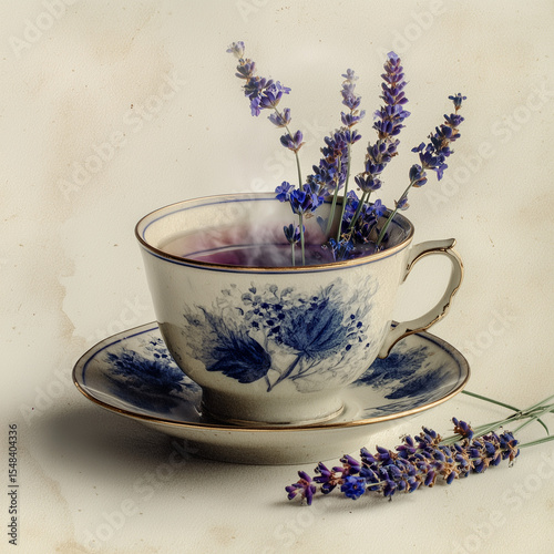 vintage teacup with lavender herbal tea